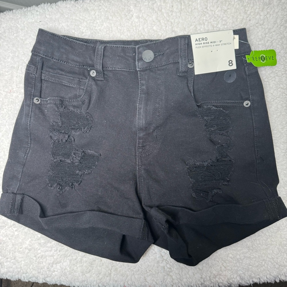 NWT  AERO HIGH RISE MIDI 3'' FLEX‎ EFFECTS 4 WAY STRETCH DENIM SHORTS SZ 8 BLACK